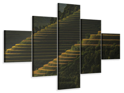 5-piece-canvas-print-landing-fields-at-sunrise-beautiful-golden-light-shines