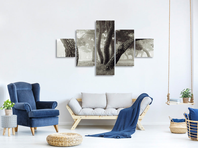 5-piece-canvas-print-pine-grove-in-fog